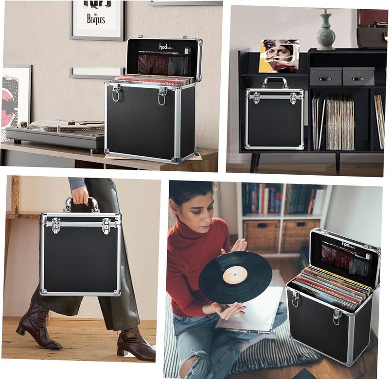 Hododou Vinyl Record Storage Case LP Album Collection Display Box Aluminium Water Resistant Vinyl Record Organizer Storage Holds 30+ Valuable Records 7/10/12 Inch Collapsible Storage Crate with Mesh Bag Black - Image 4